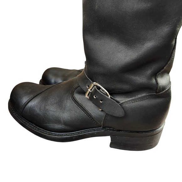 Tall Black Leather Moto Engineer Boots Mens Size 10 D Vibram Soles Buckle Straps - Picture 7 of 13